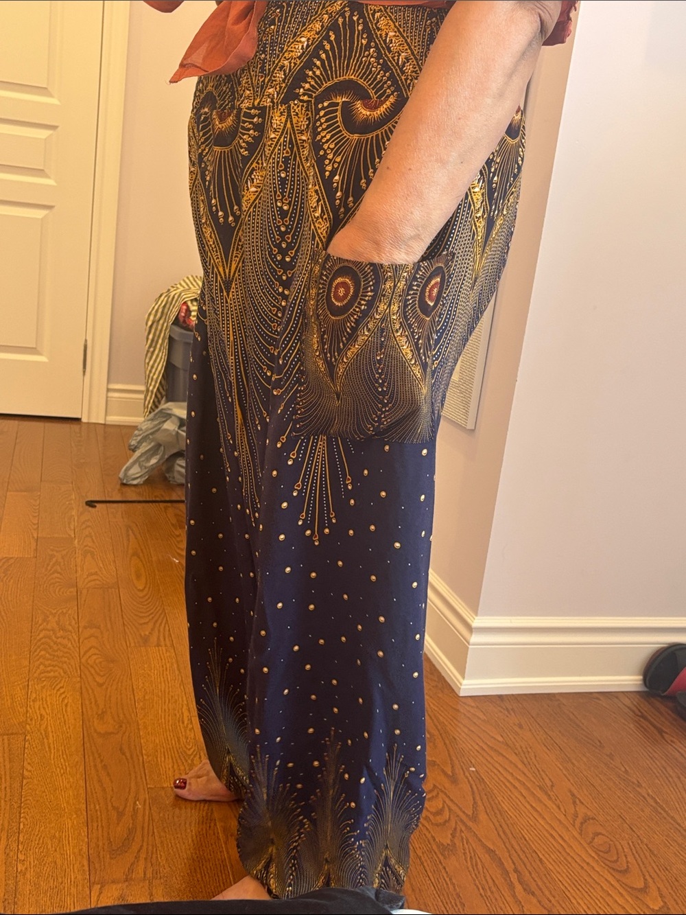 Navy & Gold Ornate Wide-Leg Palazzo Pants - Picture 2 of 3